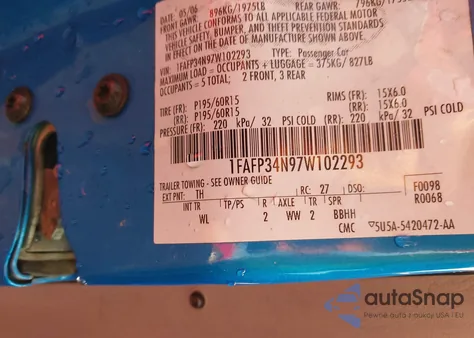 2007 Ford Focus Zx4/S/Se/Ses z USA, uszkodzony, nr VIN 1FAFP34N97W102293